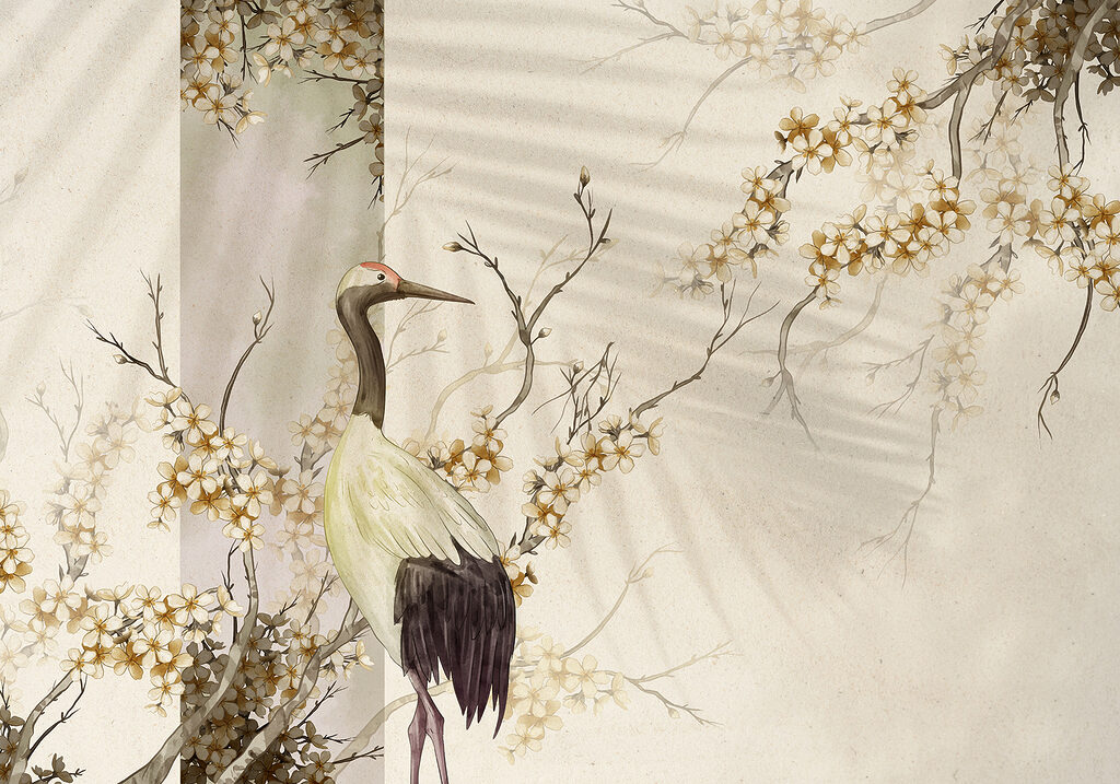Crane among blossoms — full design