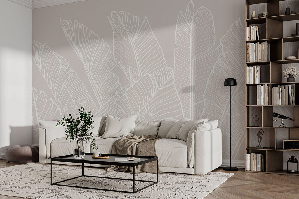 White outlined tropical leaves — interior 2