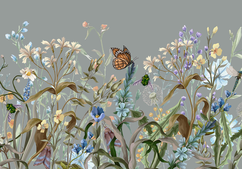 Butterflies among flower stems — full design