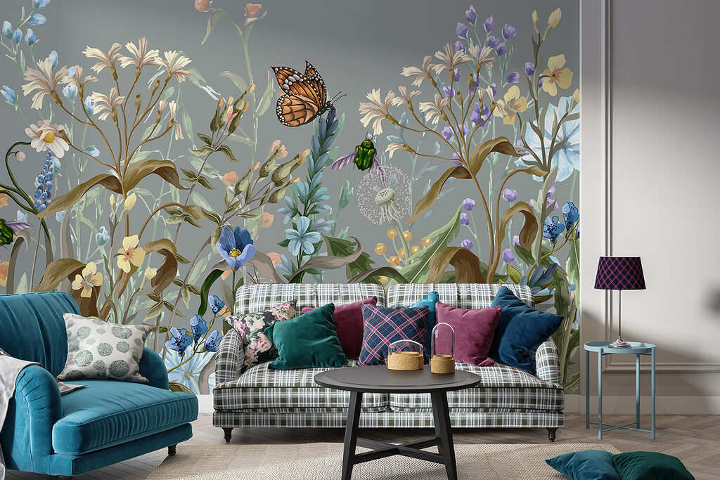 Butterflies among flower stems — interior 2