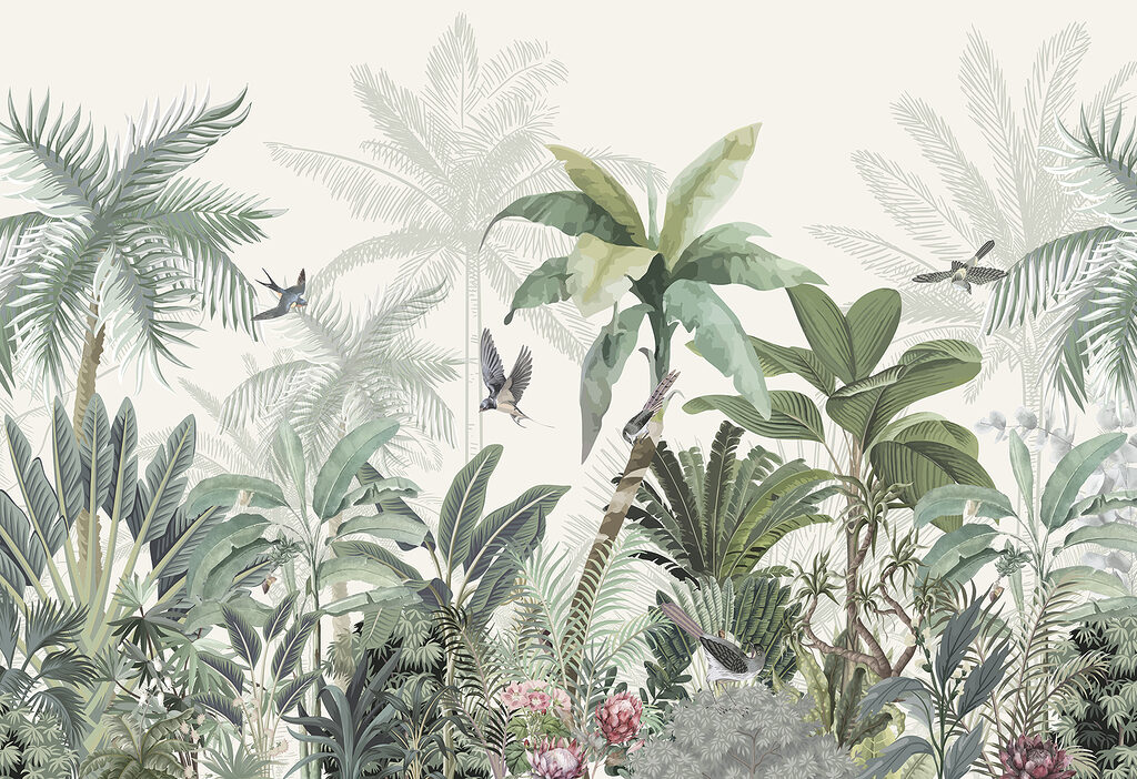 Birds above jungle plants — full design