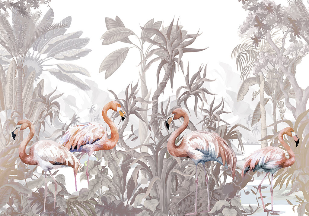 Flamingos among tropical plants — full design