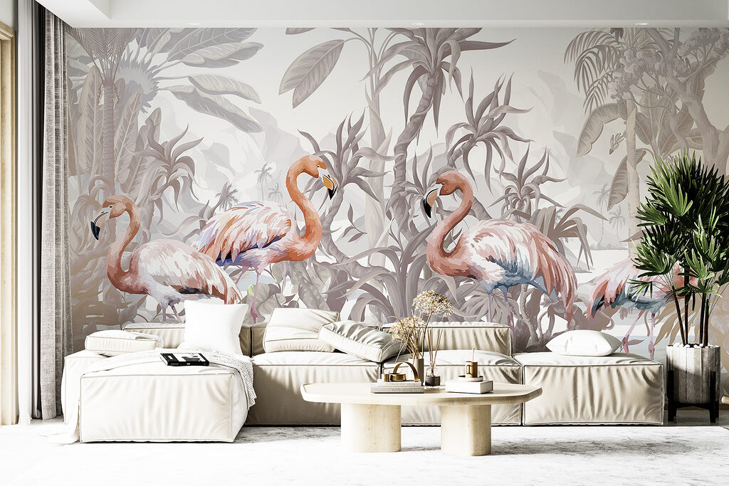 Flamingos among tropical plants — interior 1