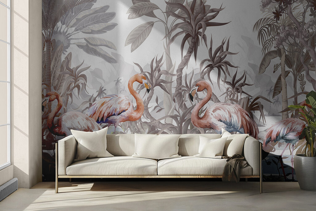 Flamingos among tropical plants — interior 2