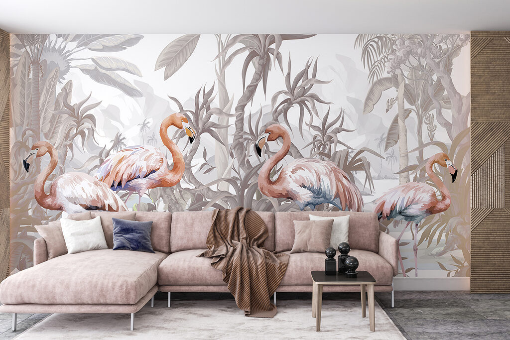 Flamingos among tropical plants — interior 3