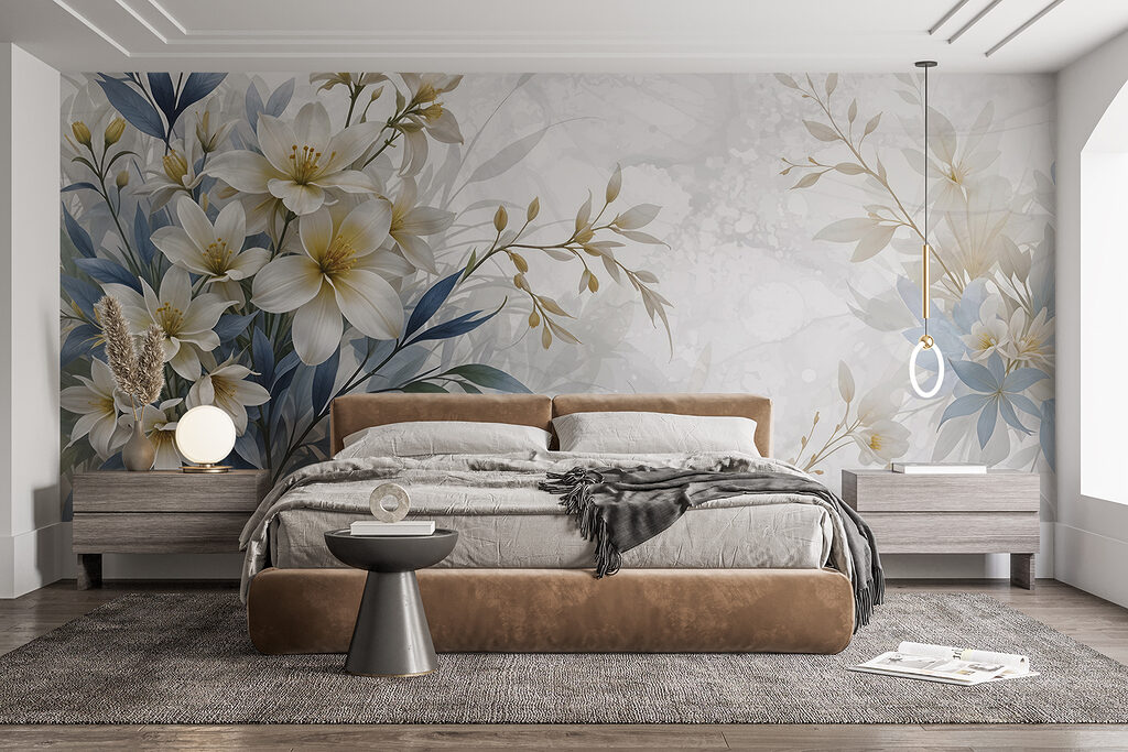 White flowers, blue leaves — interior 1