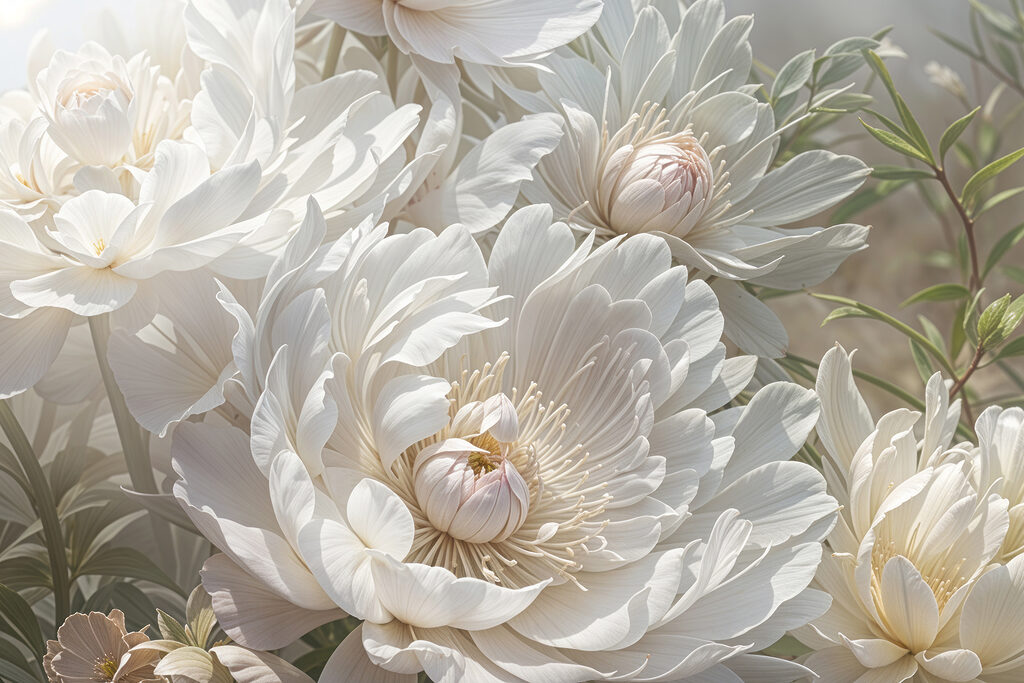 White peonies among buds — full design
