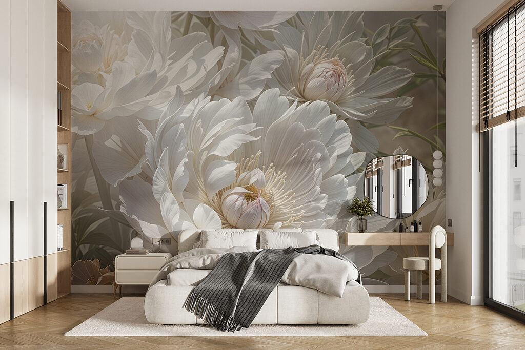White peonies among buds — interior 1