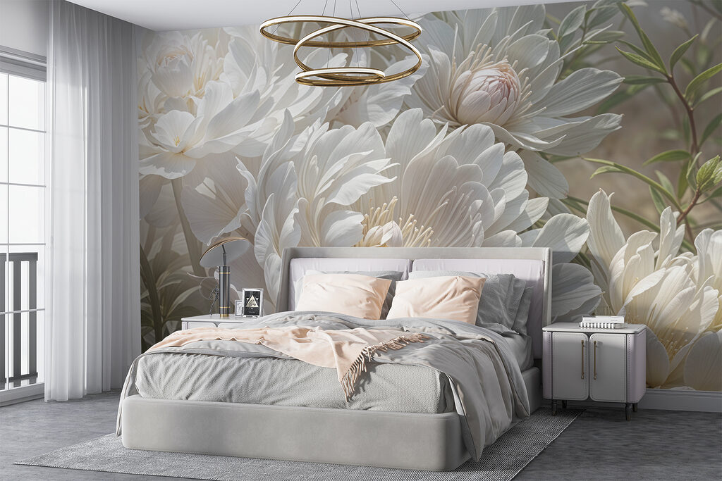 White peonies among buds — interior 2