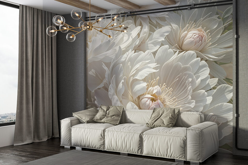 White peonies among buds — interior 3