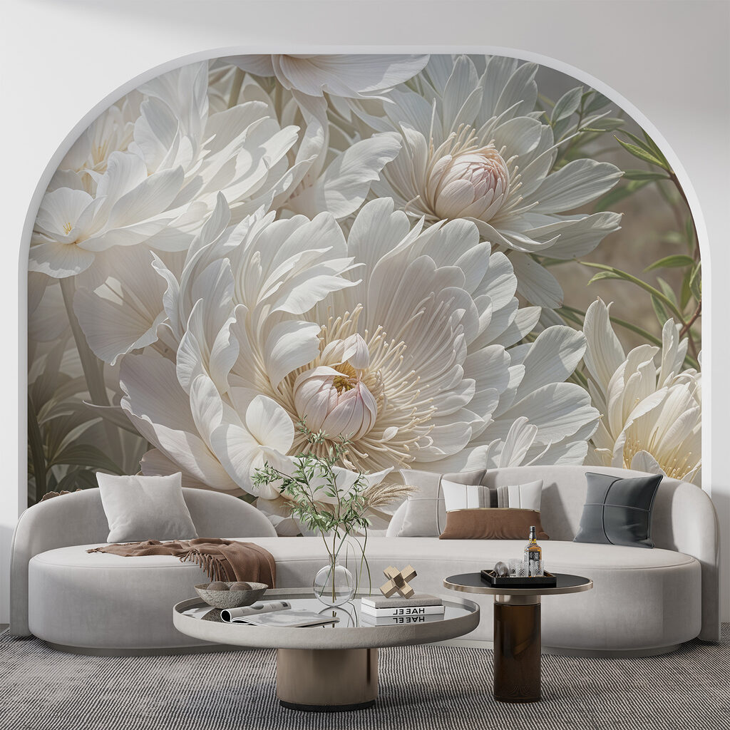 White peonies among buds — interior 4