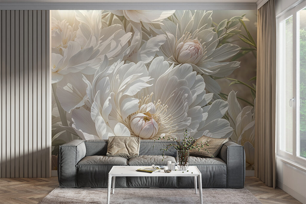 White peonies among buds — interior 5