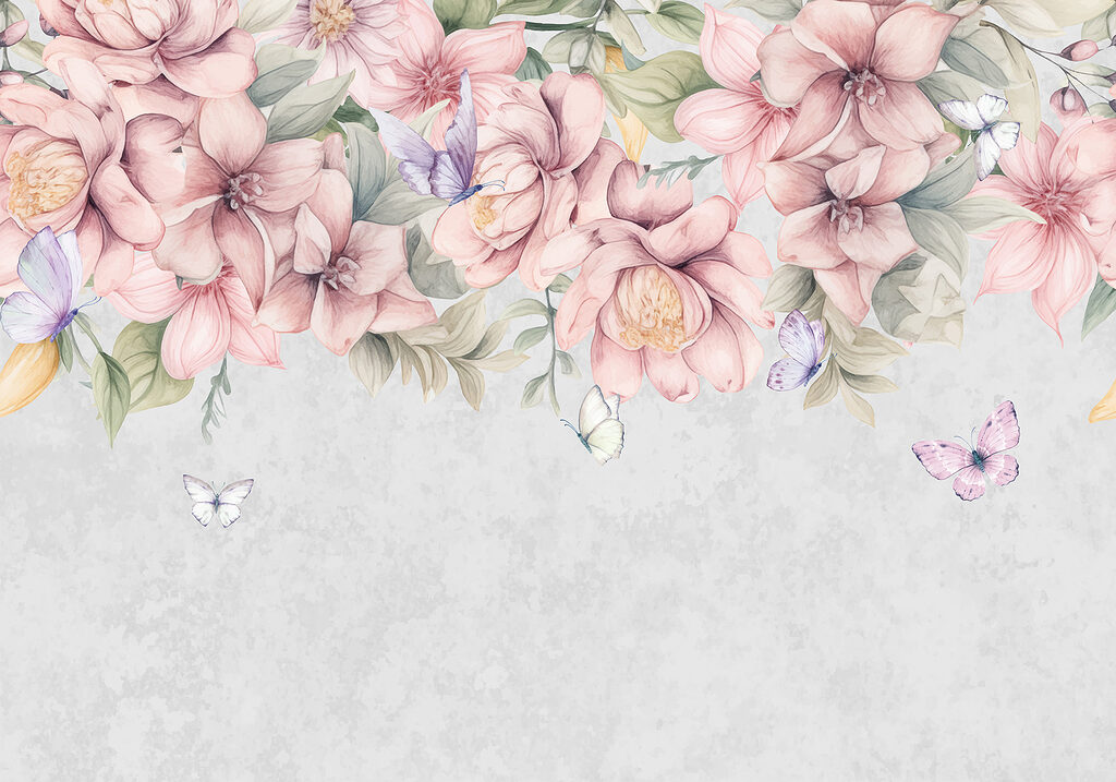 Pink flowers above butterflies — full design
