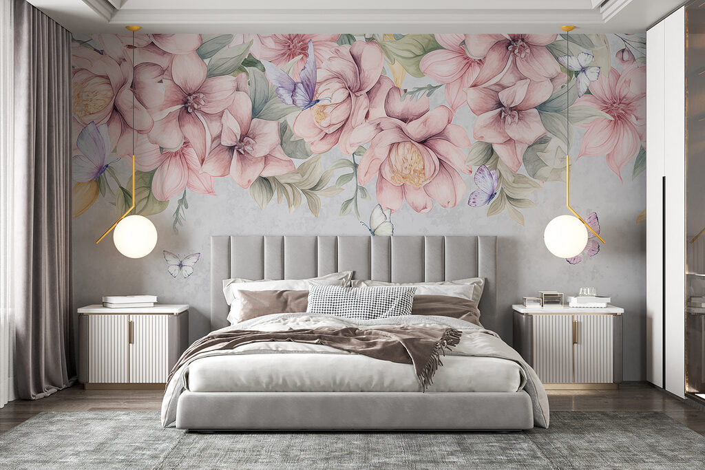 Pink flowers above butterflies — interior 1