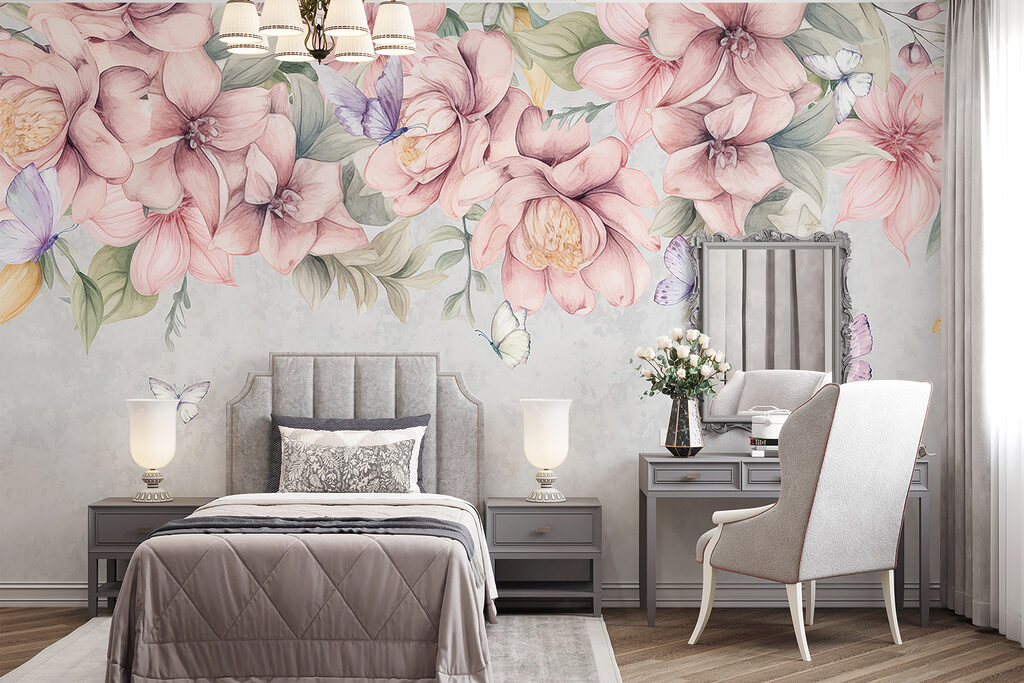 Pink flowers above butterflies — interior 2
