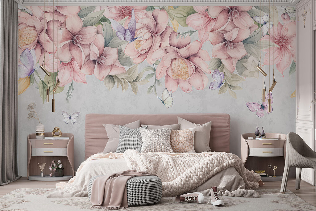 Pink flowers above butterflies — interior 3