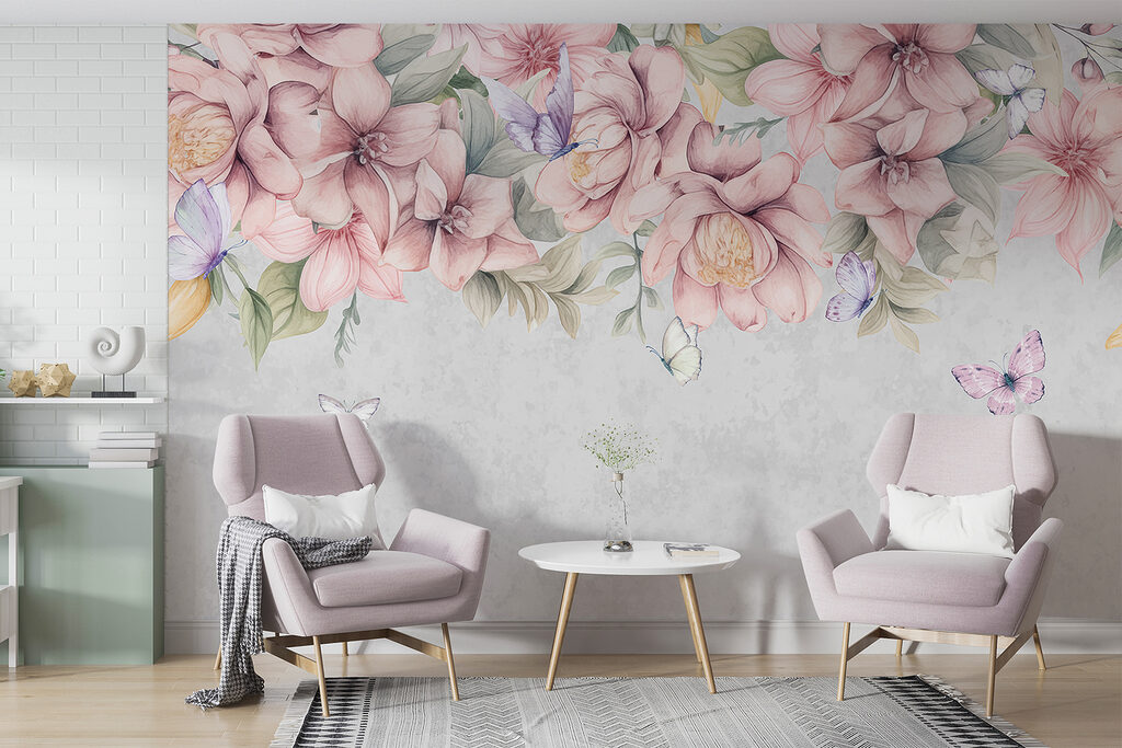 Pink flowers above butterflies — interior 5