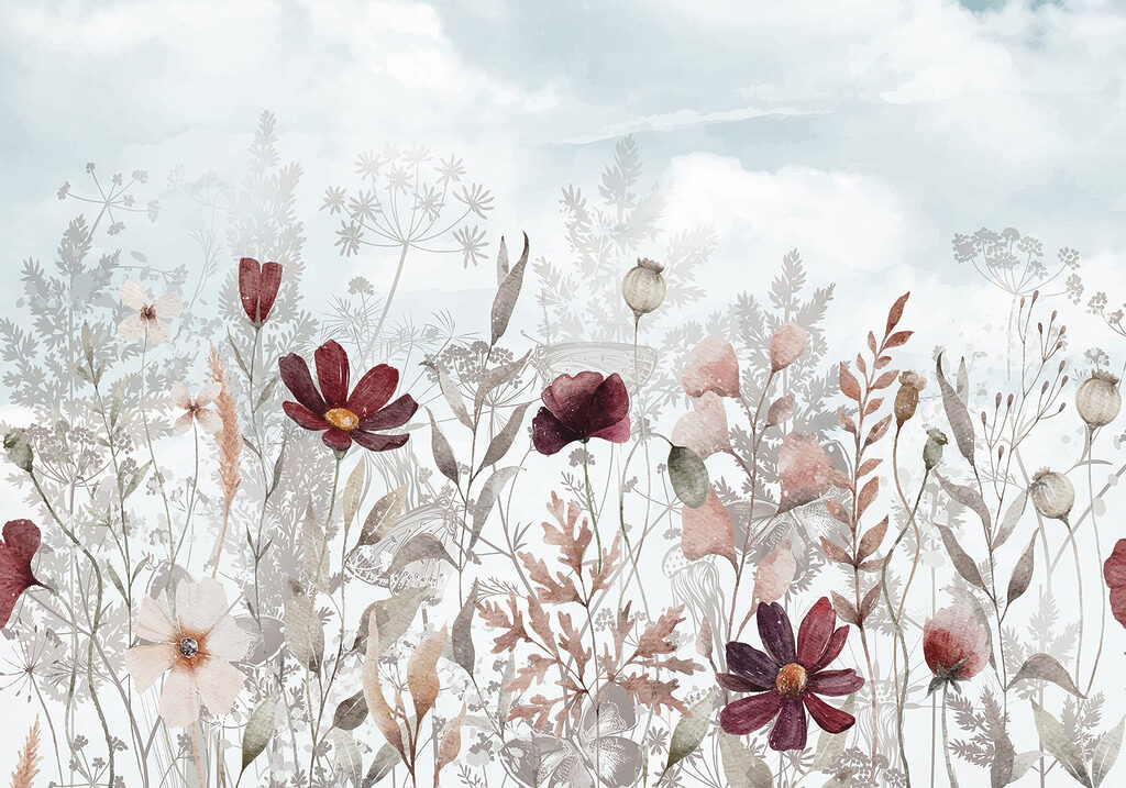 Burgundy flowers among leaves — full design