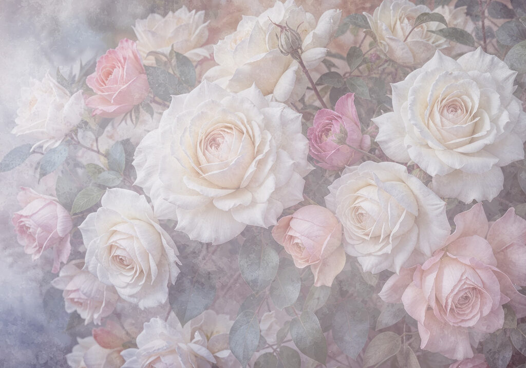 Pink roses in mist — full design