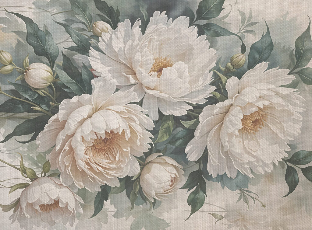 Cream peonies among foliage — full design