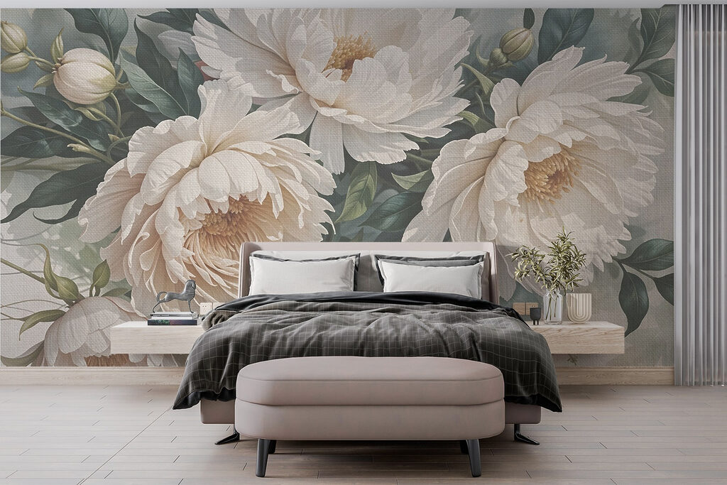 Cream peonies among foliage — interior 1