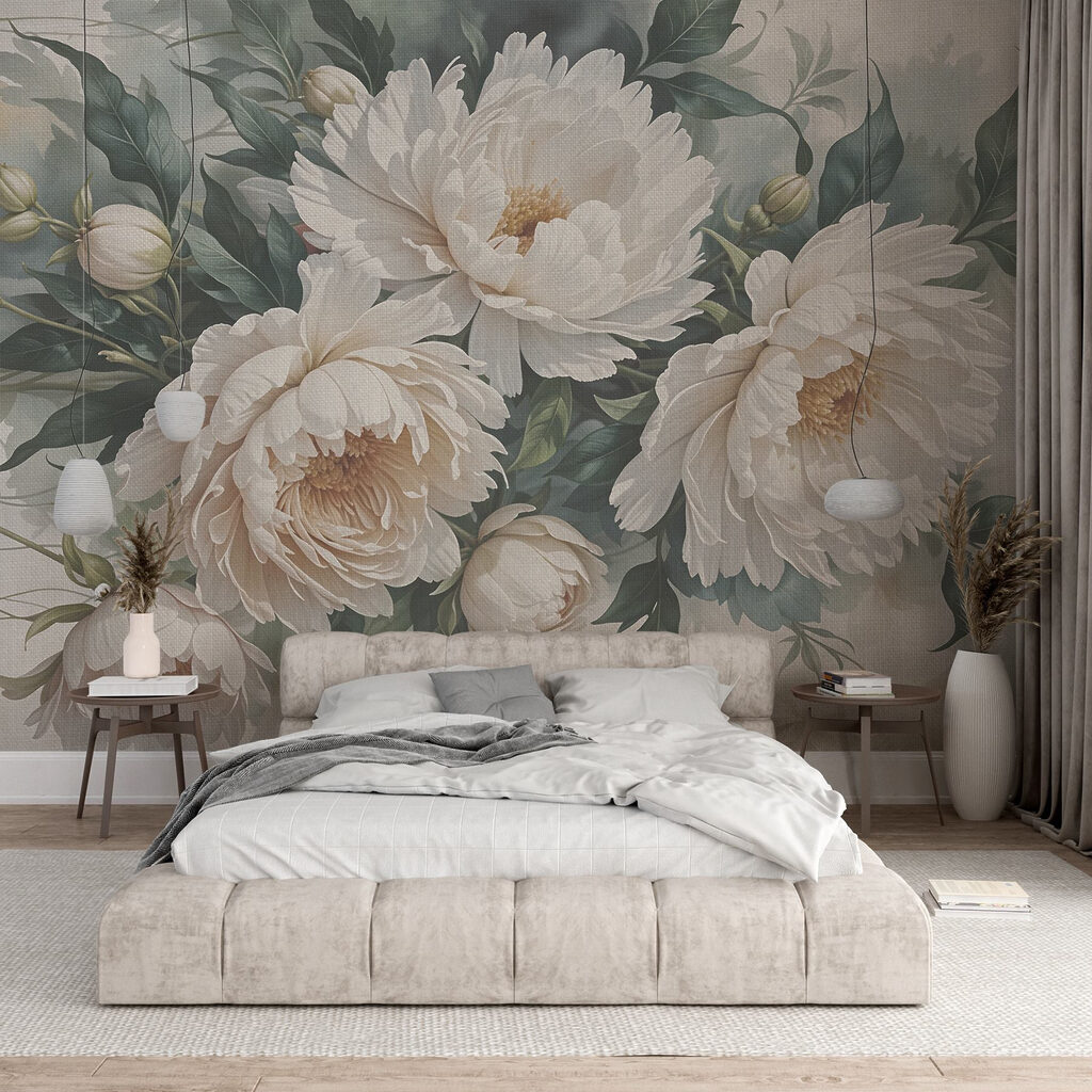 Cream peonies among foliage — interior 2