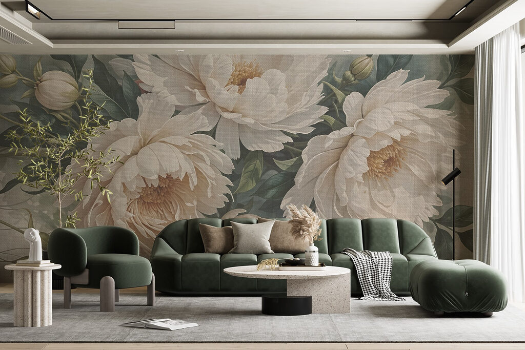 Cream peonies among foliage — interior 3