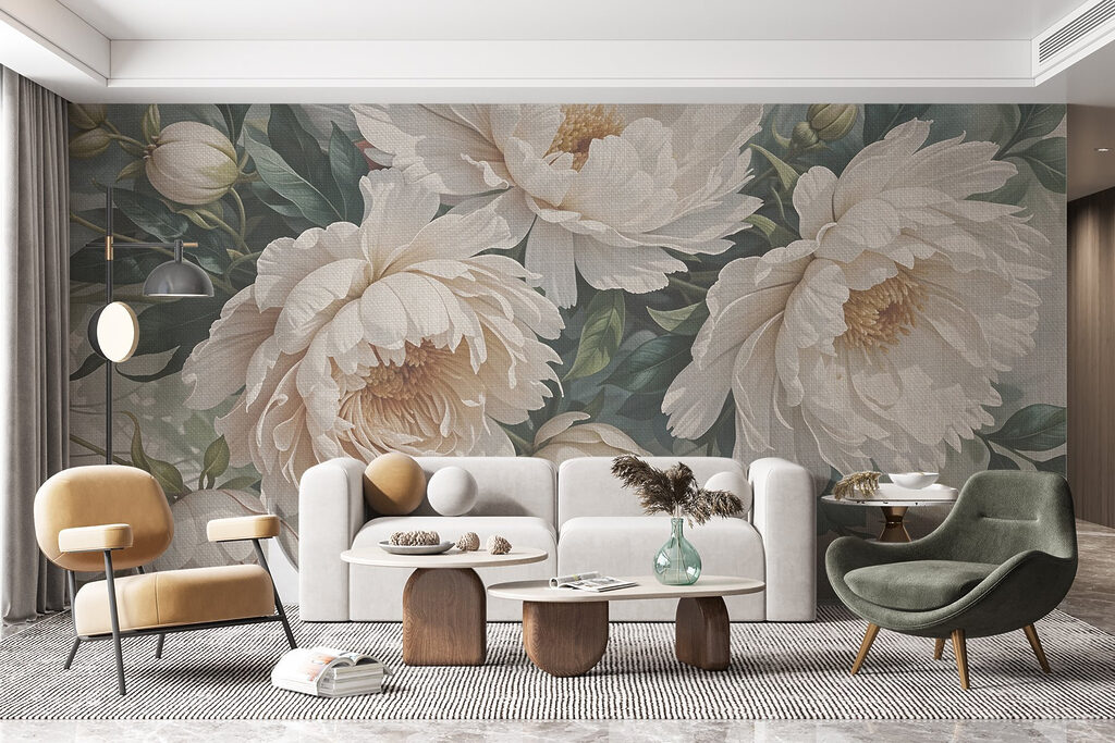Cream peonies among foliage — interior 4