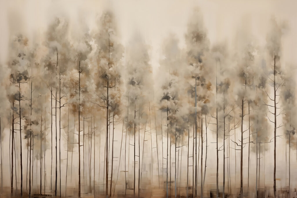 Tall pines in mist — full design