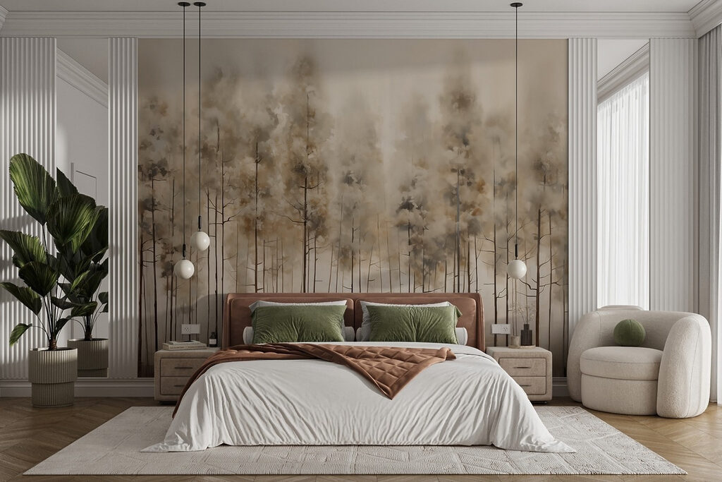 Tall pines in mist — interior 1