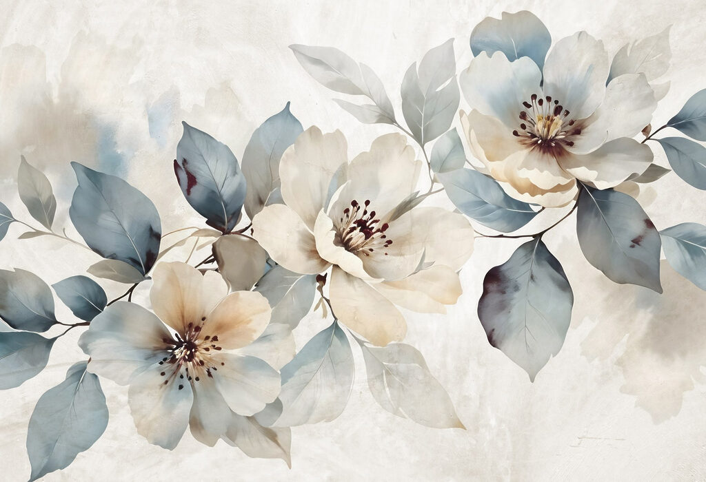 White flowers, blue-green branches — full design