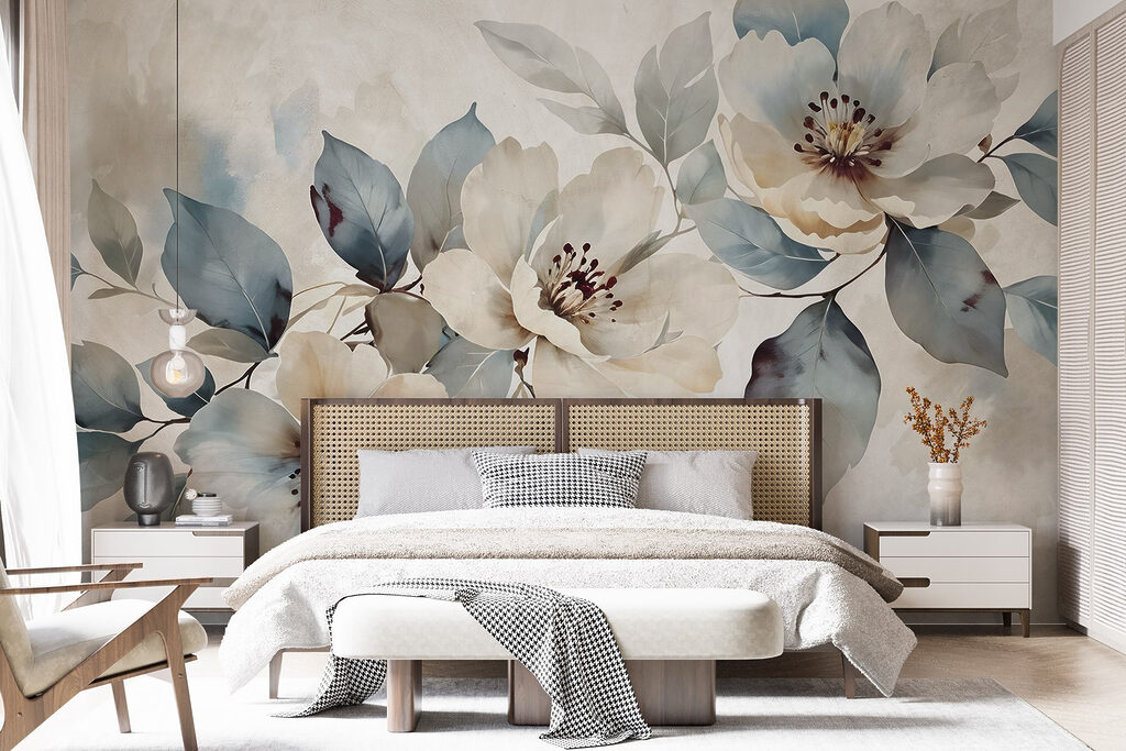White flowers, blue-green branches — interior 1