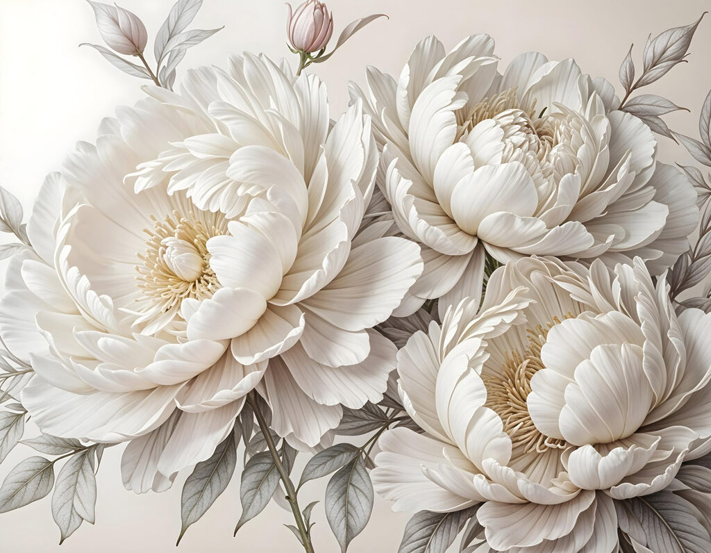 White peonies with leaves — full design