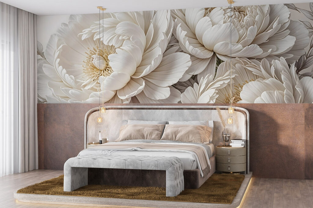 White peonies with leaves — interior 1