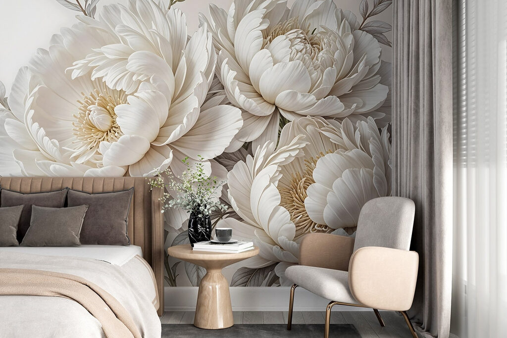 White peonies with leaves — interior 3