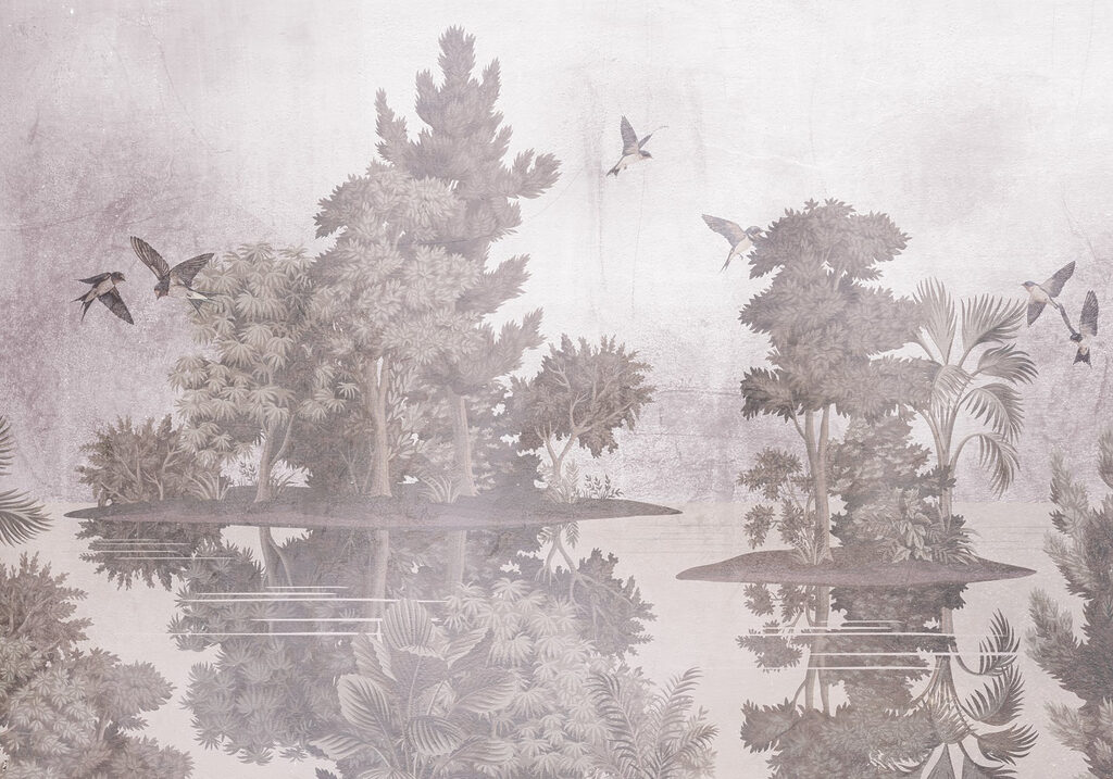 Birds over wooded islands — full design