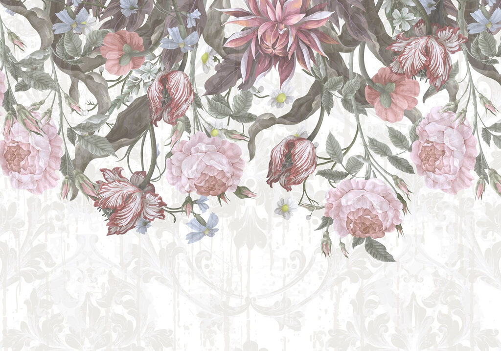 Pale silhouettes behind blooms — full design