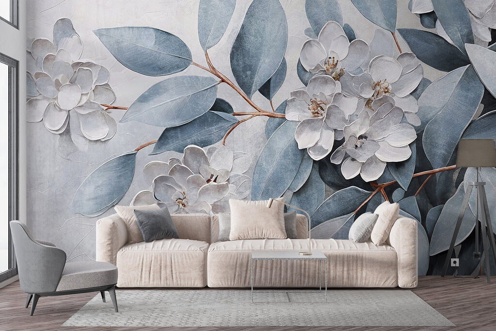 Blue leaves, flower relief — interior 4