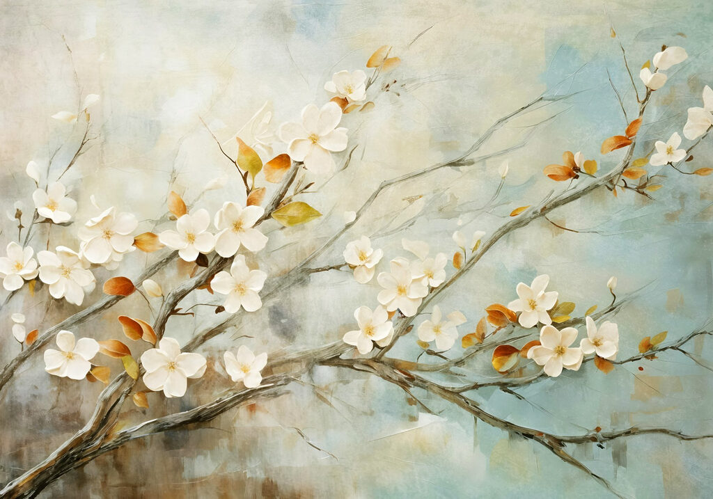 White blossom, ochre leaves — full design