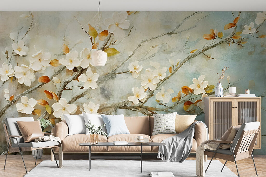 White blossom, ochre leaves — interior 4