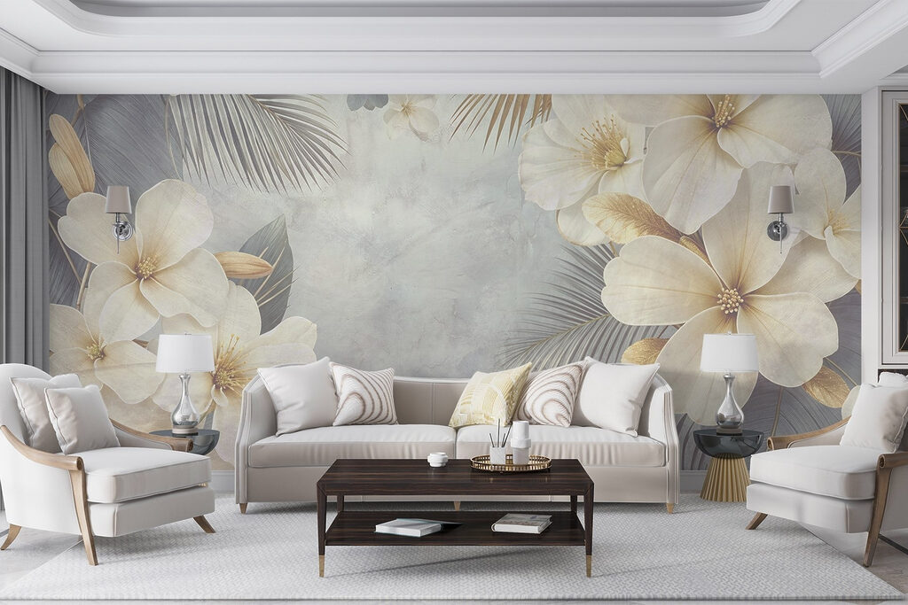 White flowers, golden fans — interior 5