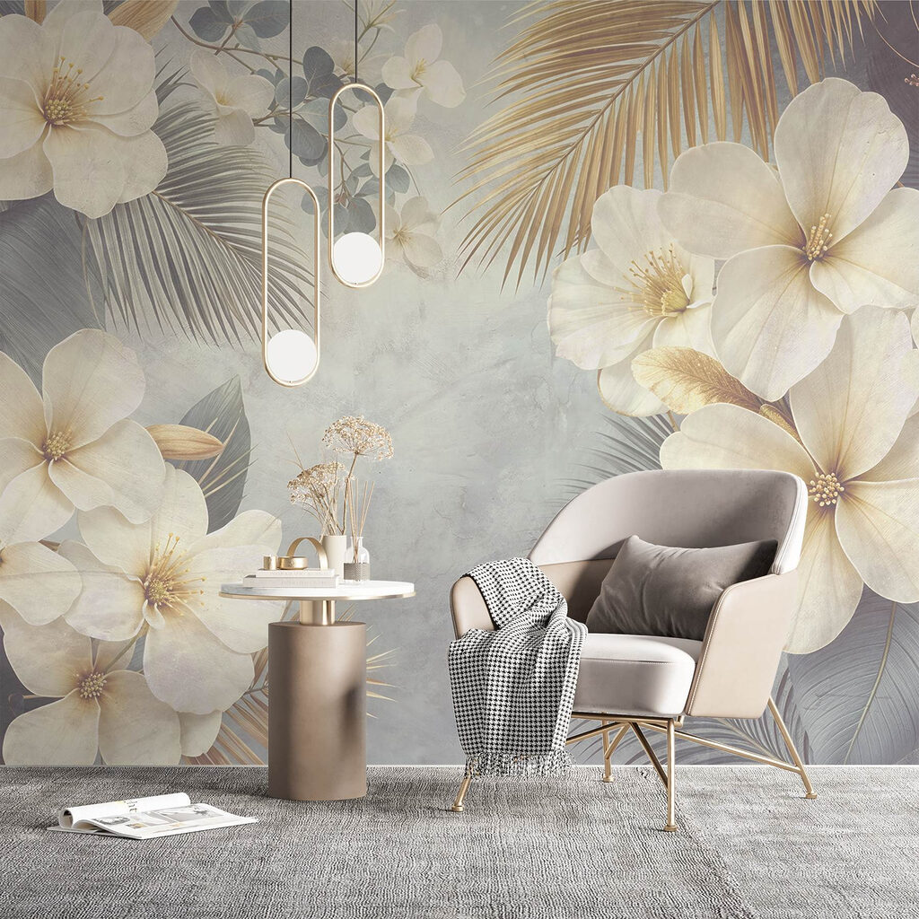 White flowers, golden fans — interior 6