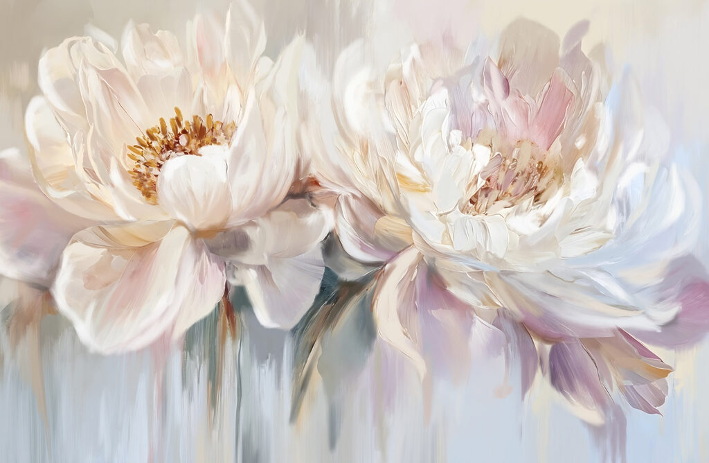 White peonies, pastel drops — full design