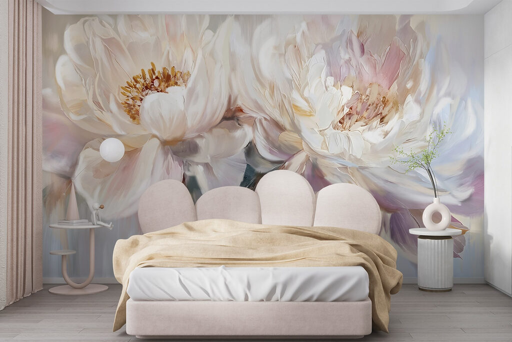 White peonies, pastel drops — interior 1