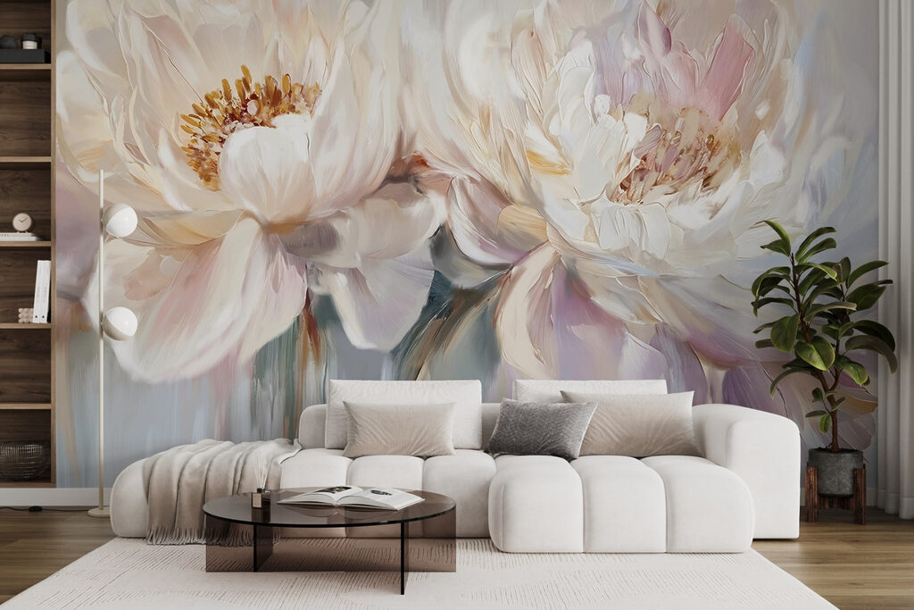 White peonies, pastel drops — interior 3