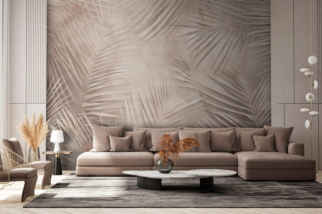 Palm leaves on taupe — interior 1