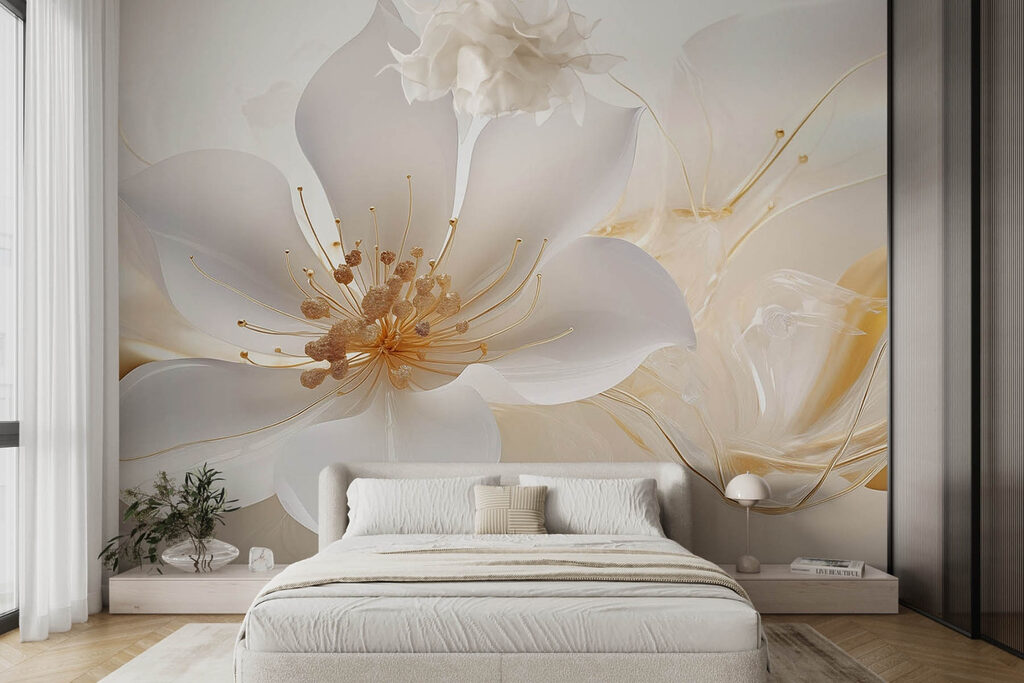 White flower, gold lines — interior 1