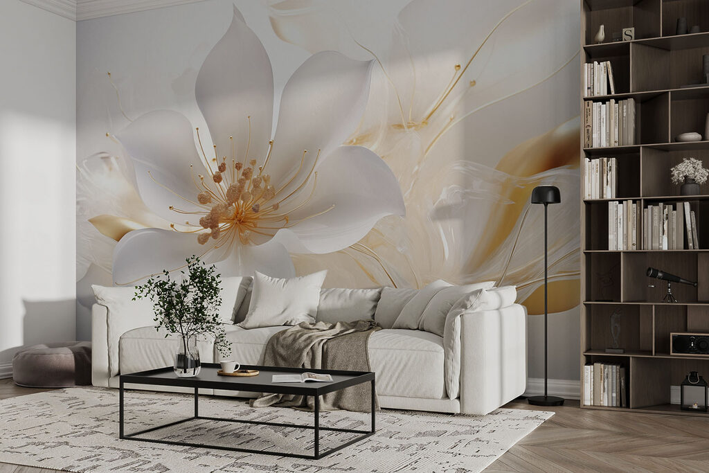 White flower, gold lines — interior 3