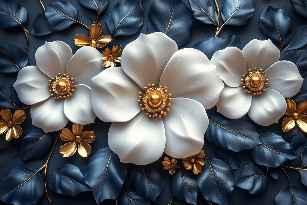 White flowers, midnight blue — full design