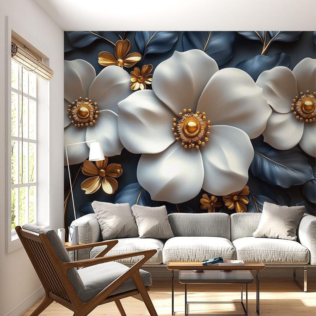 White flowers, midnight blue — interior 1